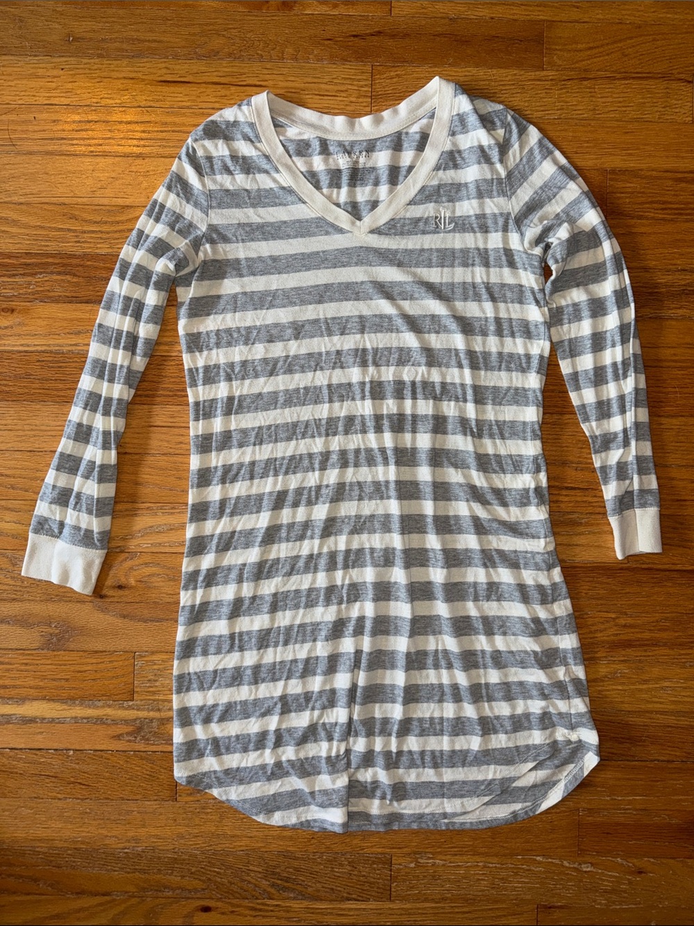 Lauren Ralph Lauren Gray & Cream Striped V-Neck Tee